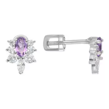 Серебряные серьги-пусеты с аметистами и фианитами
