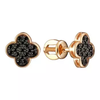 Серебряные серьги-пусеты с черными фианитами "Клевер"