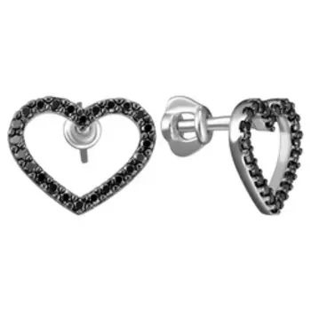 Серебряные серьги-пусеты с черными фианитами "Сердца"