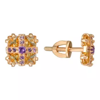 Серебряные серьги-пусеты с цитринами и аметистами "Кресты"