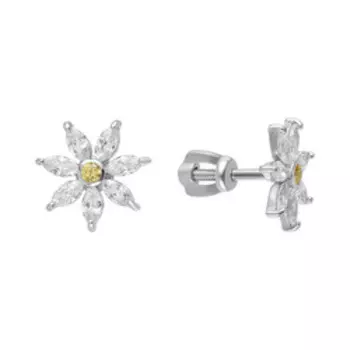 Серебряные серьги-пусеты с фианитами "Цветы"