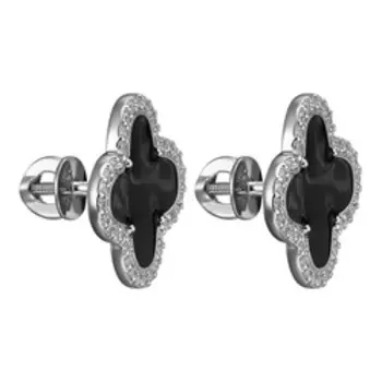 Серебряные серьги-пусеты с фианитами и эмалью "Клевер"