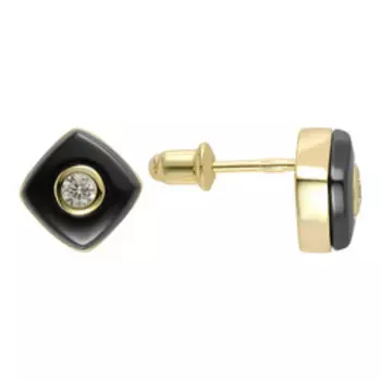 Серебряные серьги-пусеты с фианитами и черной керамикой