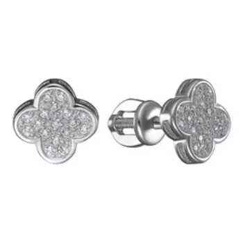 Серебряные серьги-пусеты с фианитами "Клевер"