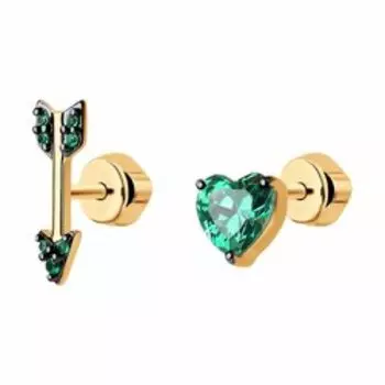 Серебряные серьги-пусеты с фианитами "Стрела и сердце"