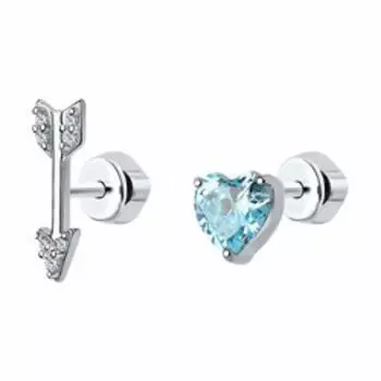 Серебряные серьги-пусеты с фианитами "Стрела и сердце"