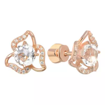 Серебряные серьги-пусеты с горным хрусталем и фианитами "Цветы"