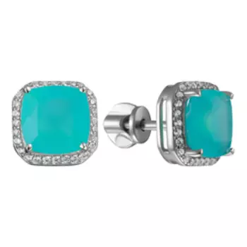 Серебряные серьги-пусеты с халцедонами и фианитами