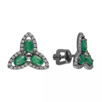 Серебряные серьги-пусеты с изумрудами и фианитами