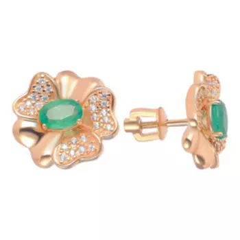 Серебряные серьги-пусеты с изумрудами и фианитами "Цветы"