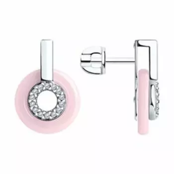 Серебряные серьги-пусеты с керамикой и фианитами