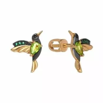 Серебряные серьги-пусеты с кварцем "Колибри"