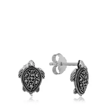Серебряные серьги-пусеты с марказитами "Черепашка"
