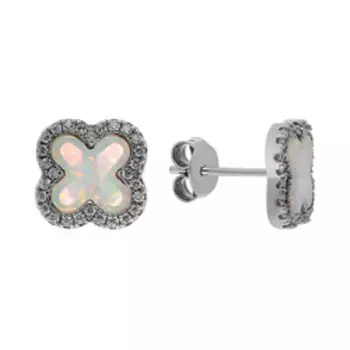 Серебряные серьги-пусеты с опалами и кубическим цирконием "Четырехлистник"