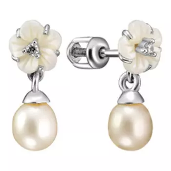 Серебряные серьги-пусеты с перламутром, жемчугом и цирконием