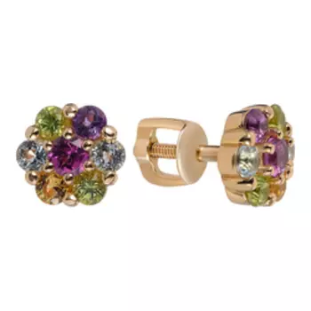 Серебряные серьги-пусеты с самоцветами "Цветы"