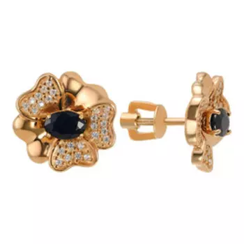 Серебряные серьги-пусеты с сапфирами и фианитами "Цветы"