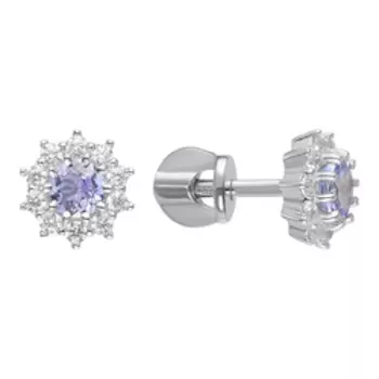 Серебряные серьги-пусеты с танзанитами и фианитами
