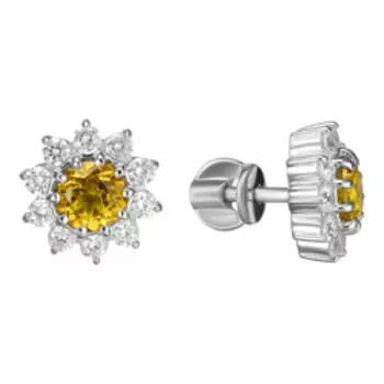 Серебряные серьги-пусеты с топазами и фианитами "Цветы"