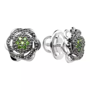 Серебряные серьги-пусеты с зелеными бриллиантами "Цветы"