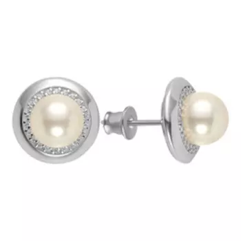 Серебряные серьги-пусеты с жемчугом и фианитами