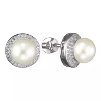 Серебряные серьги-пусеты с жемчугом и фианитами