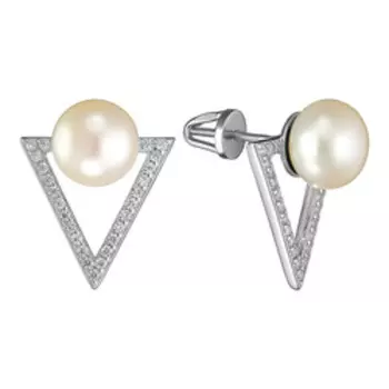 Серебряные серьги-пусеты с жемчугом и фианитами