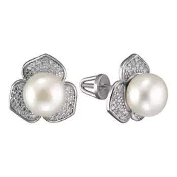 Серебряные серьги-пусеты с жемчугом и фианитами