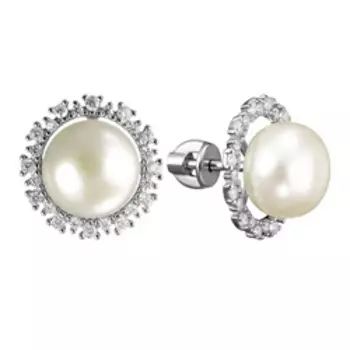 Серебряные серьги-пусеты с жемчугом и фианитами