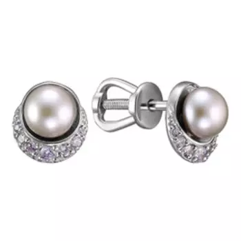 Серебряные серьги-пусеты с жемчугом и фианитами