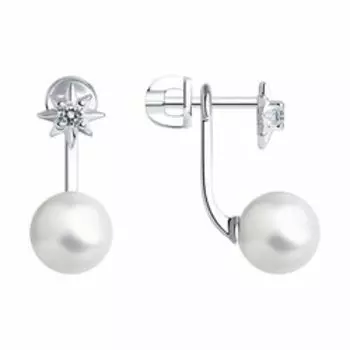 Серебряные серьги-пусеты с жемчугом Swarowski и фианитами