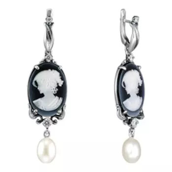 Серебряные серьги с агатами, жемчугом и фианитами