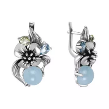 Серебряные серьги с аквамаринами, топазами и кварцами "Цветы"