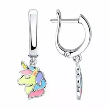 Серебряные серьги с эмалью "Единорог"