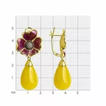 Серебряные серьги с эмалью, фианитами и янтарями "Цветы"