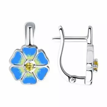 Серебряные серьги с эмалью и фианитами "Цветочки"