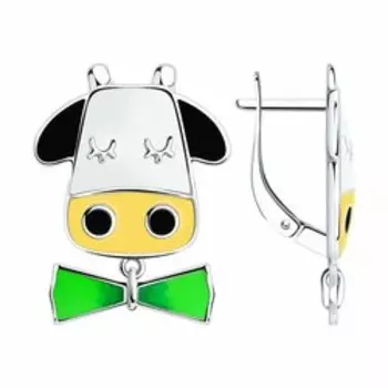 Серебряные серьги с эмалью "Коровка"