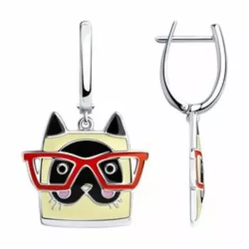 Серебряные серьги с эмалью "Кот"