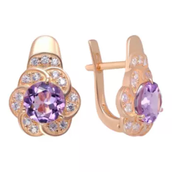 Серебряные серьги с аметистами и фианитами "Цветы"