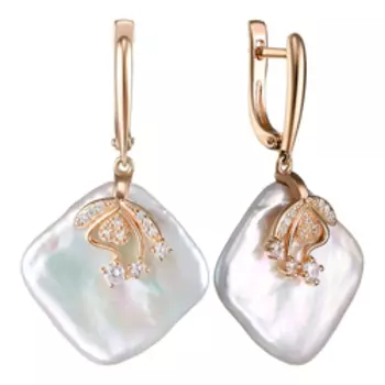 Серебряные серьги с барочным жемчугом и фианитами "Цветы"