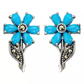 Серебряные серьги с бирюзой и марказитами "Цветы"