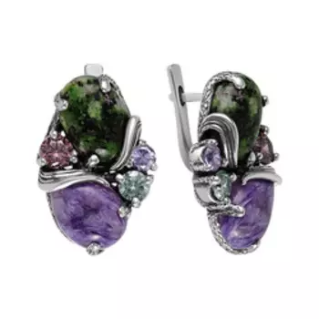 Серебряные серьги с чароитами, цоизитами и фианитами