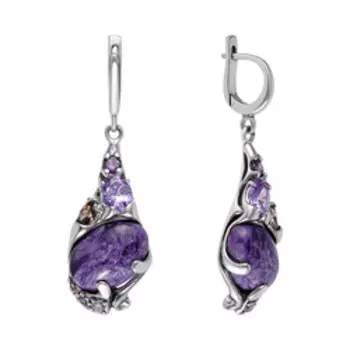 Серебряные серьги с чароитами и фианитами