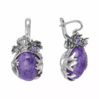 Серебряные серьги с чароитами и фианитами "Цветы"