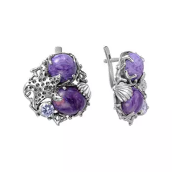 Серебряные серьги с чароитами и фианитами "Морские звезды"