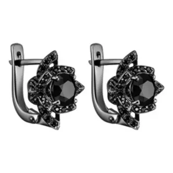 Серебряные серьги с черной шпинелью "Цветы"