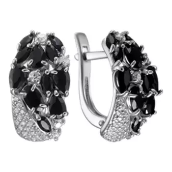 Серебряные серьги с черной шпинелью и фианитами