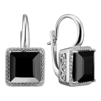 Серебряные серьги с черной шпинелью и фианитами