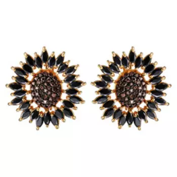 Серебряные серьги с черной шпинелью и фианитами "Цветы"