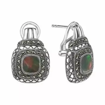 Серебряные серьги с черным перламутром и марказитом